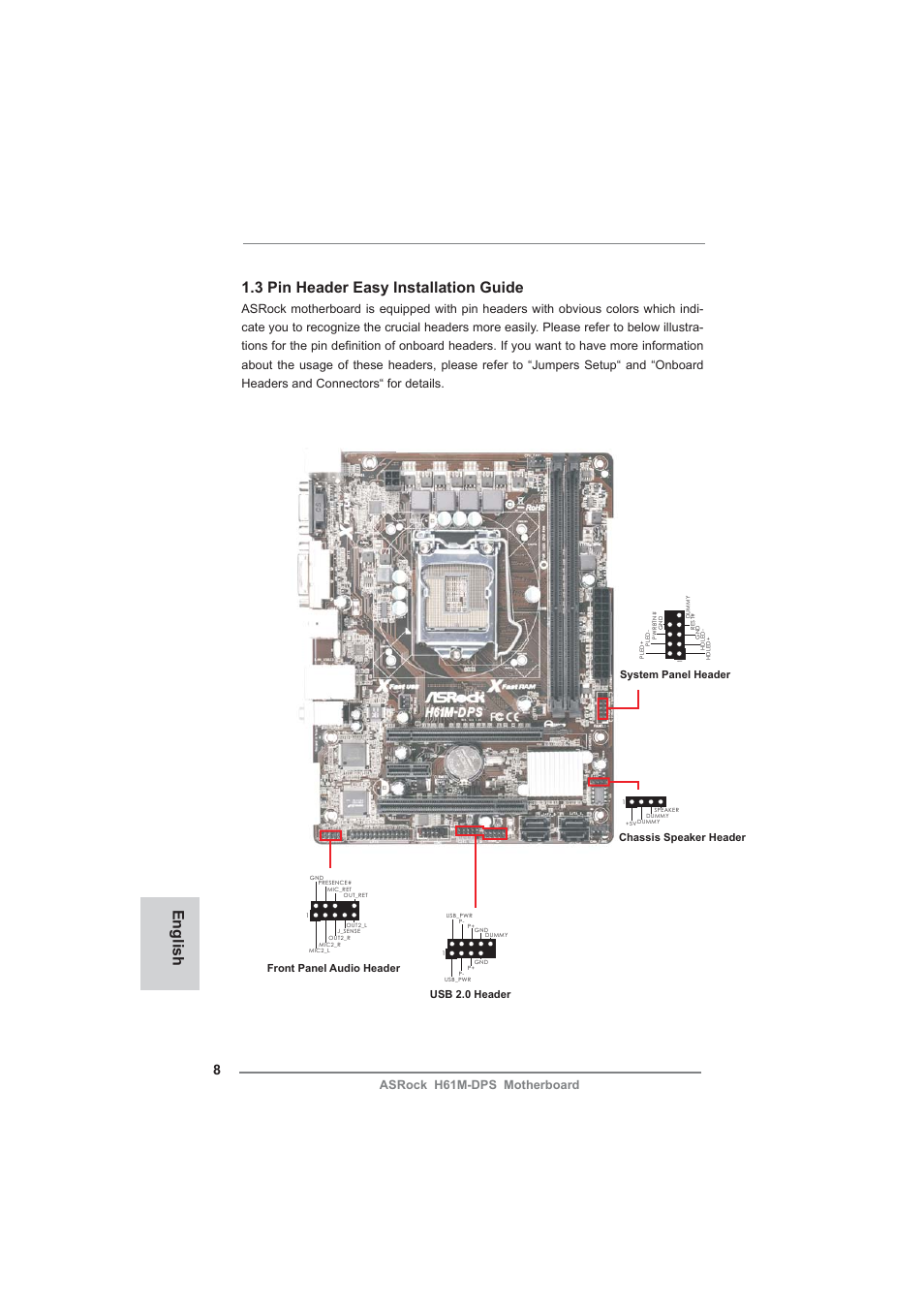 3 pin header easy installation guide, English, Asrock h61m-dps motherboard | Front panel audio header, System panel header usb 2.0 header, Chassis speaker header | ASRock H61M-DPS User Manual | Page 8 / 51