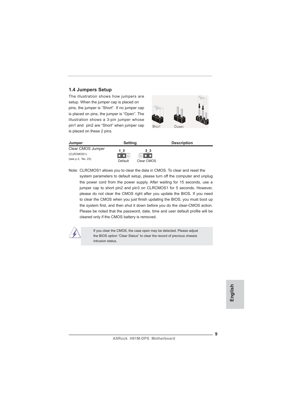 English 1.4 jumpers setup | ASRock H61M-DPS User Manual | Page 9 / 51