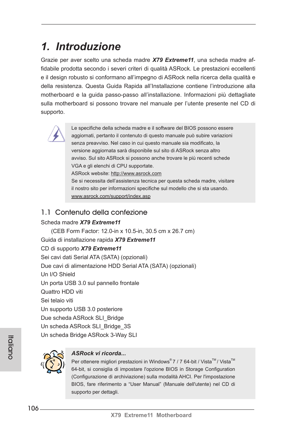 Italian, Introduzione, 1 contenuto della confezione | Italiano | ASRock X79 Extreme11 User Manual | Page 106 / 270