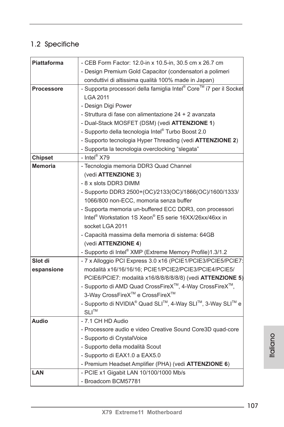 2 specifiche, Italiano | ASRock X79 Extreme11 User Manual | Page 107 / 270