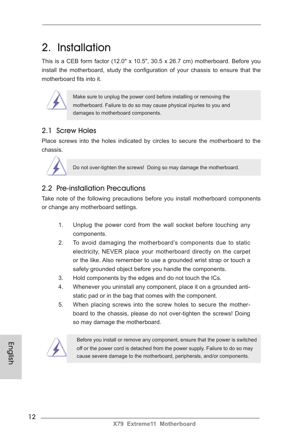 Installation, 1 screw holes, 2 pre-installation precautions | English | ASRock X79 Extreme11 User Manual | Page 12 / 270