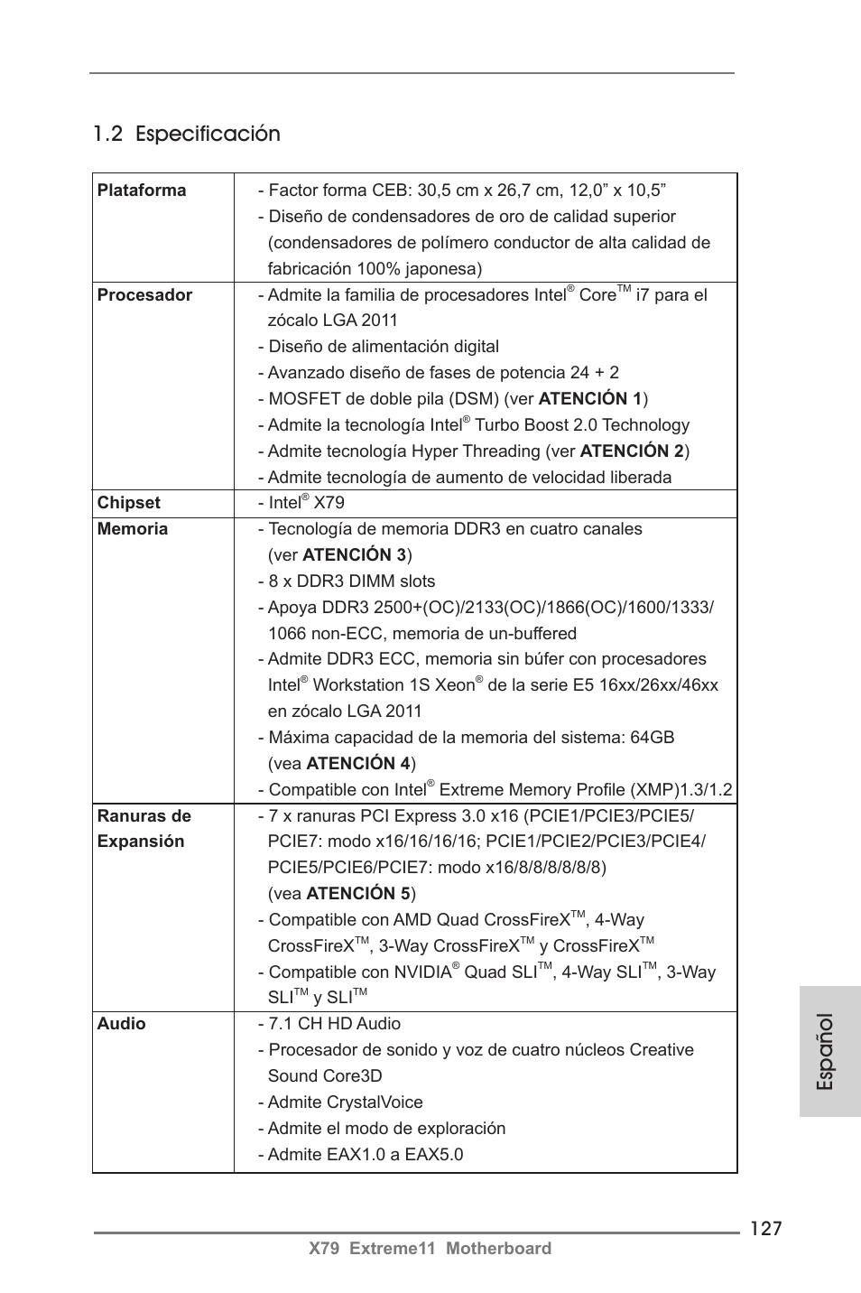 2 especificación, Español | ASRock X79 Extreme11 User Manual | Page 127 / 270