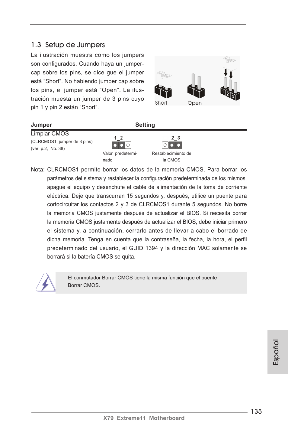 3 setup de jumpers, Español | ASRock X79 Extreme11 User Manual | Page 135 / 270