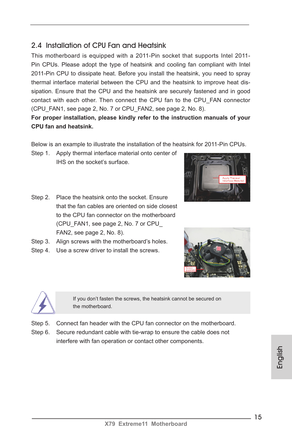 4 installation of cpu fan and heatsink, English | ASRock X79 Extreme11 User Manual | Page 15 / 270