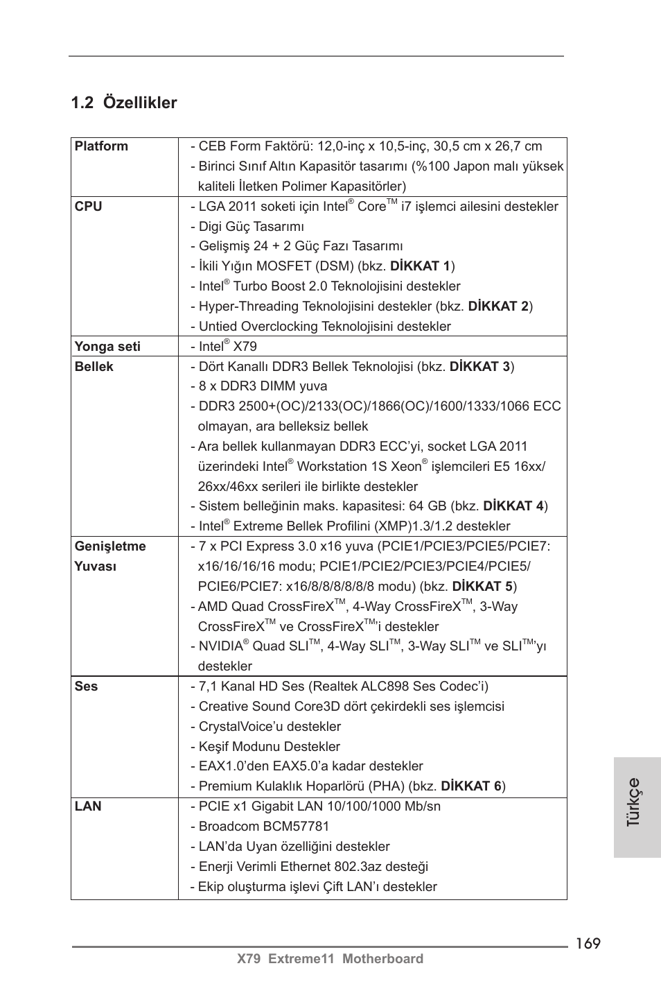 2 özellikler, Türkçe | ASRock X79 Extreme11 User Manual | Page 169 / 270