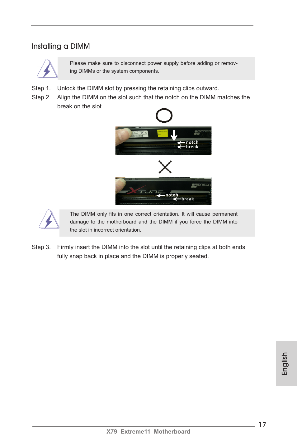 Installing a dimm, English | ASRock X79 Extreme11 User Manual | Page 17 / 270