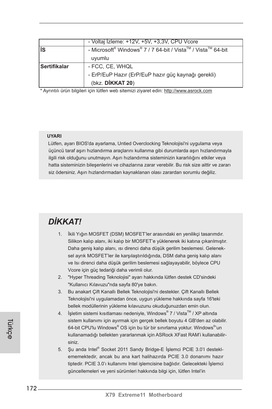 Dikkat, Türkçe | ASRock X79 Extreme11 User Manual | Page 172 / 270