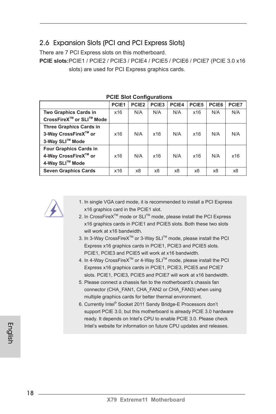 6 expansion slots (pci and pci express slots), English, X79 extreme11 motherboard pcie slot configurations | ASRock X79 Extreme11 User Manual | Page 18 / 270