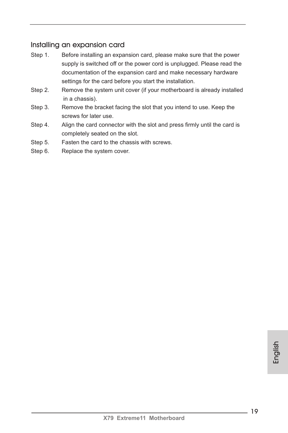 Installing an expansion card, English | ASRock X79 Extreme11 User Manual | Page 19 / 270