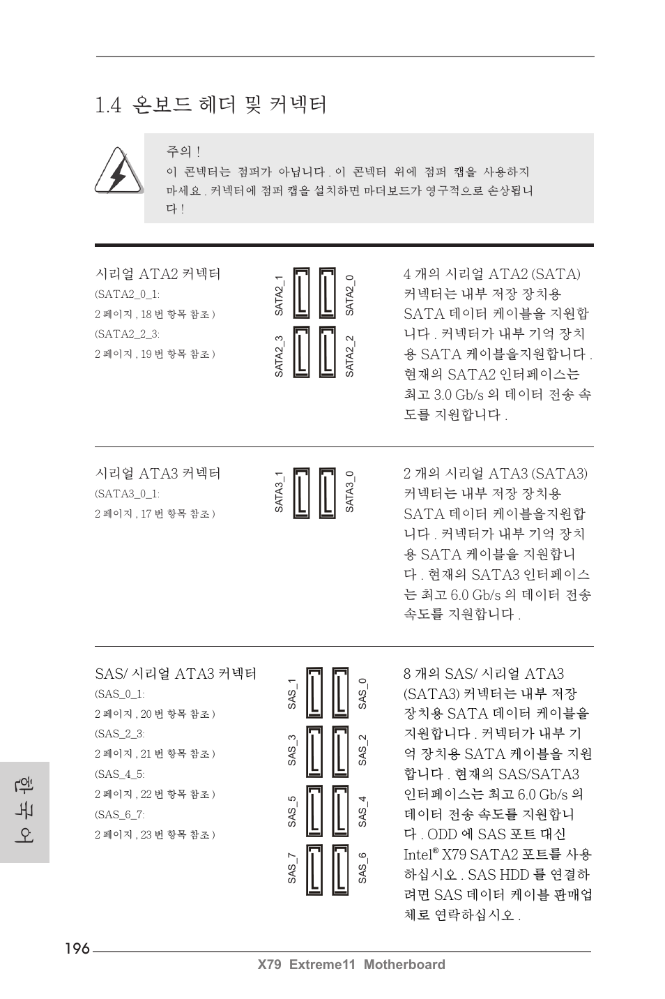 4 온보드 헤더 및 커넥터, 한 국 어 | ASRock X79 Extreme11 User Manual | Page 196 / 270