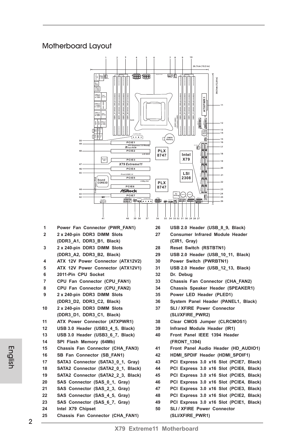 Motherboard layout, English, X79 extreme11 motherboard | Hdled reset pled pwrbtn, X79 extreme11 | ASRock X79 Extreme11 User Manual | Page 2 / 270