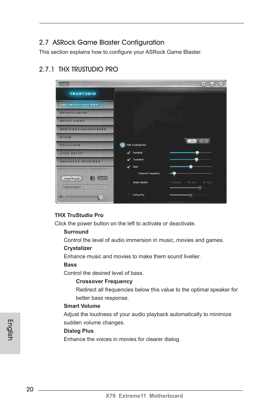 7 asrock game blaster configuration, 1 thx trustudio pro, English | ASRock X79 Extreme11 User Manual | Page 20 / 270