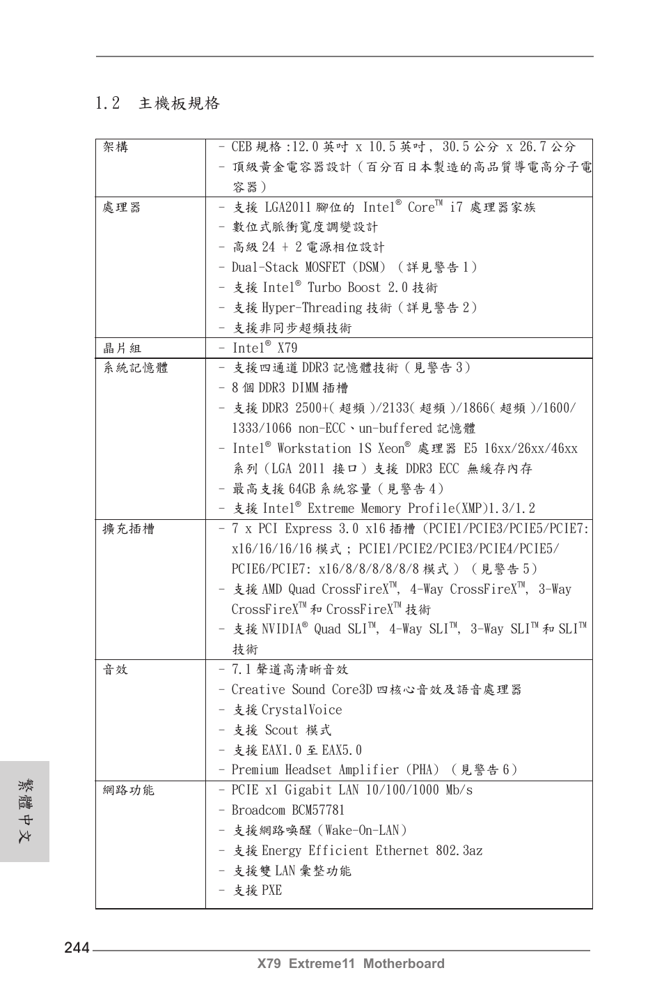 2 主機板規格, 繁體中文 | ASRock X79 Extreme11 User Manual | Page 244 / 270