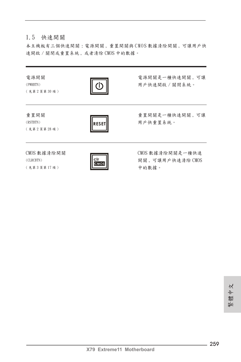 5 快速開關, 繁體中文 | ASRock X79 Extreme11 User Manual | Page 259 / 270