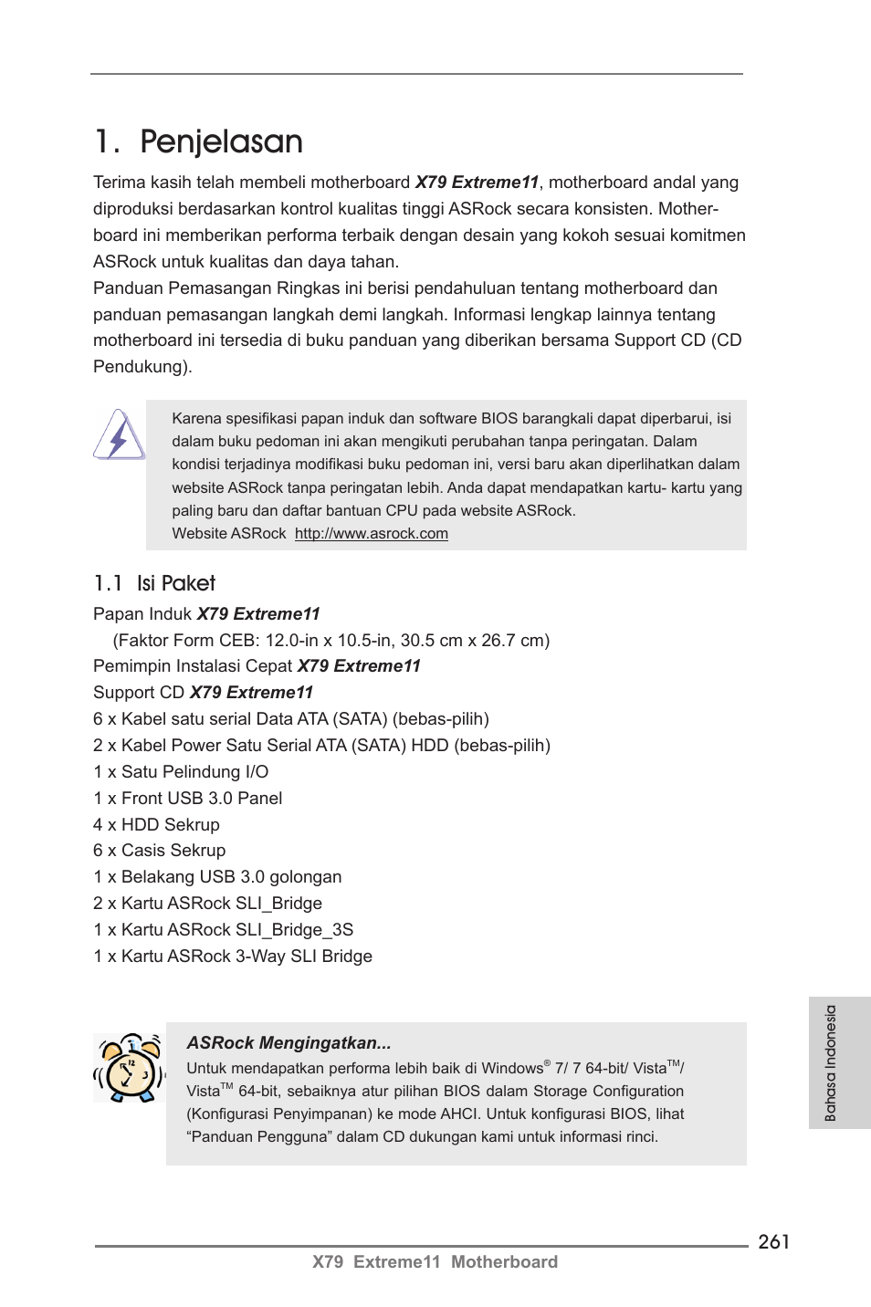 Indonesian, Penjelasan, 1 isi paket | ASRock X79 Extreme11 User Manual | Page 261 / 270