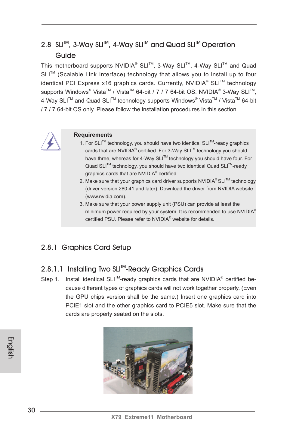 8 sli, Way sli, And quad sli | Operation guide, Ready graphics cards, English | ASRock X79 Extreme11 User Manual | Page 30 / 270