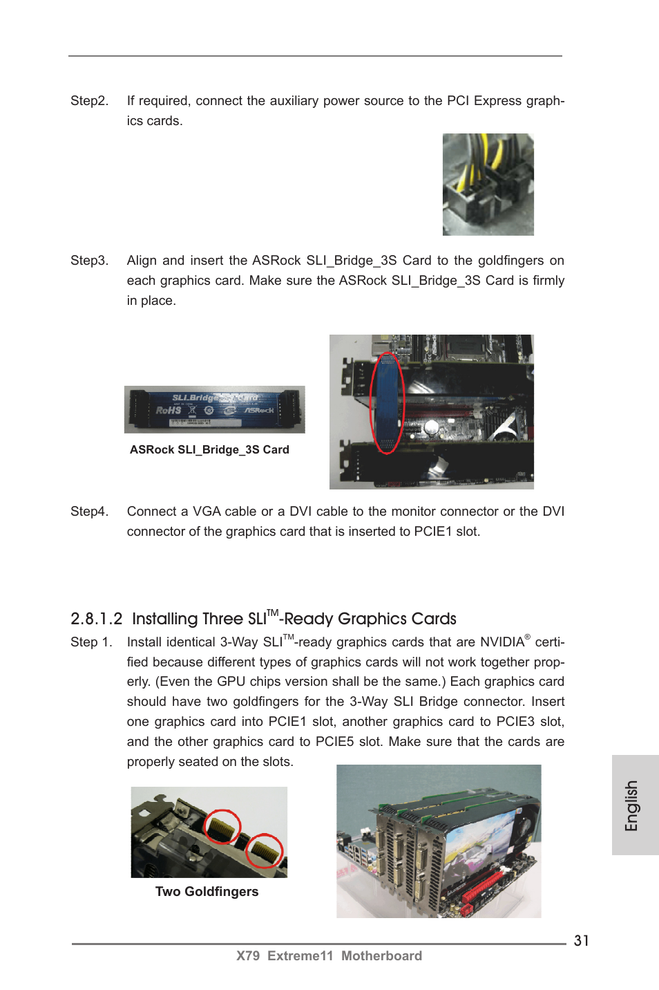 2 installing three sli, Ready graphics cards, English | ASRock X79 Extreme11 User Manual | Page 31 / 270