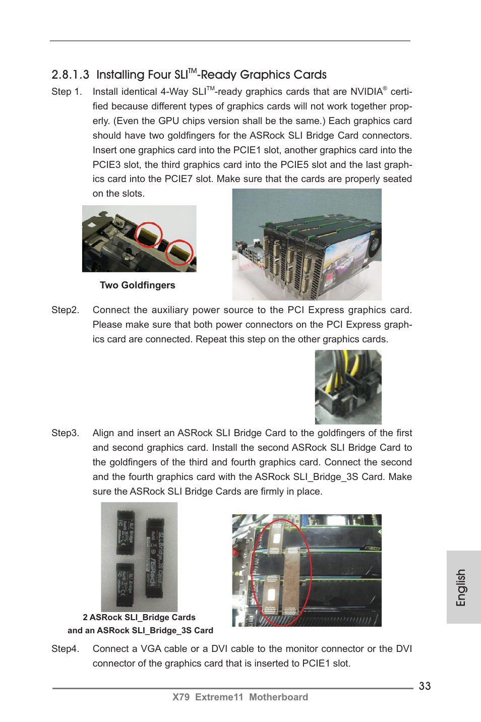 3 installing four sli, Ready graphics cards, English | ASRock X79 Extreme11 User Manual | Page 33 / 270