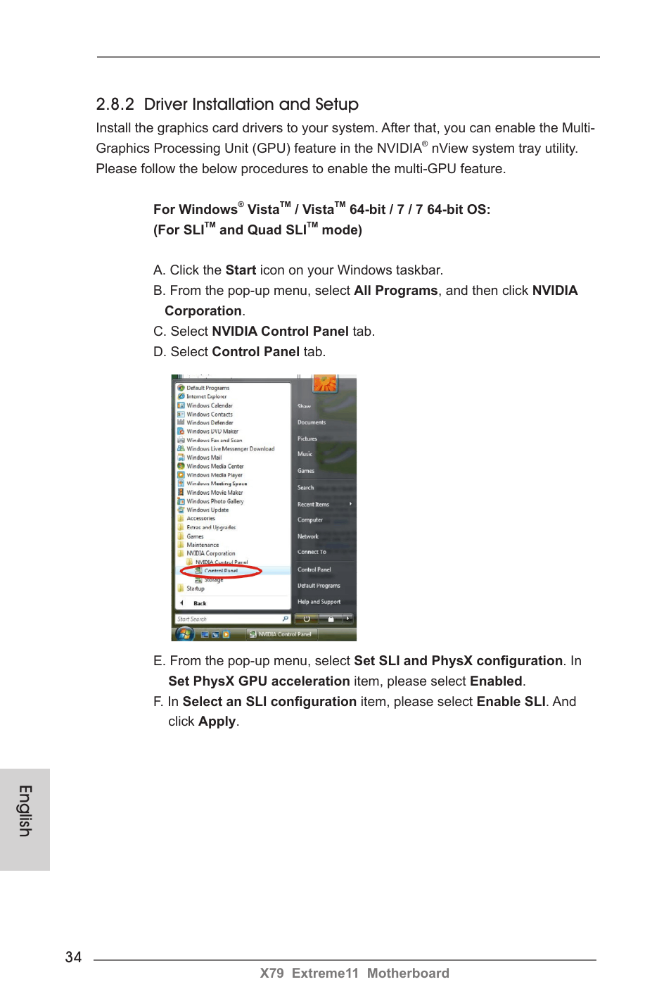 2 driver installation and setup, English | ASRock X79 Extreme11 User Manual | Page 34 / 270