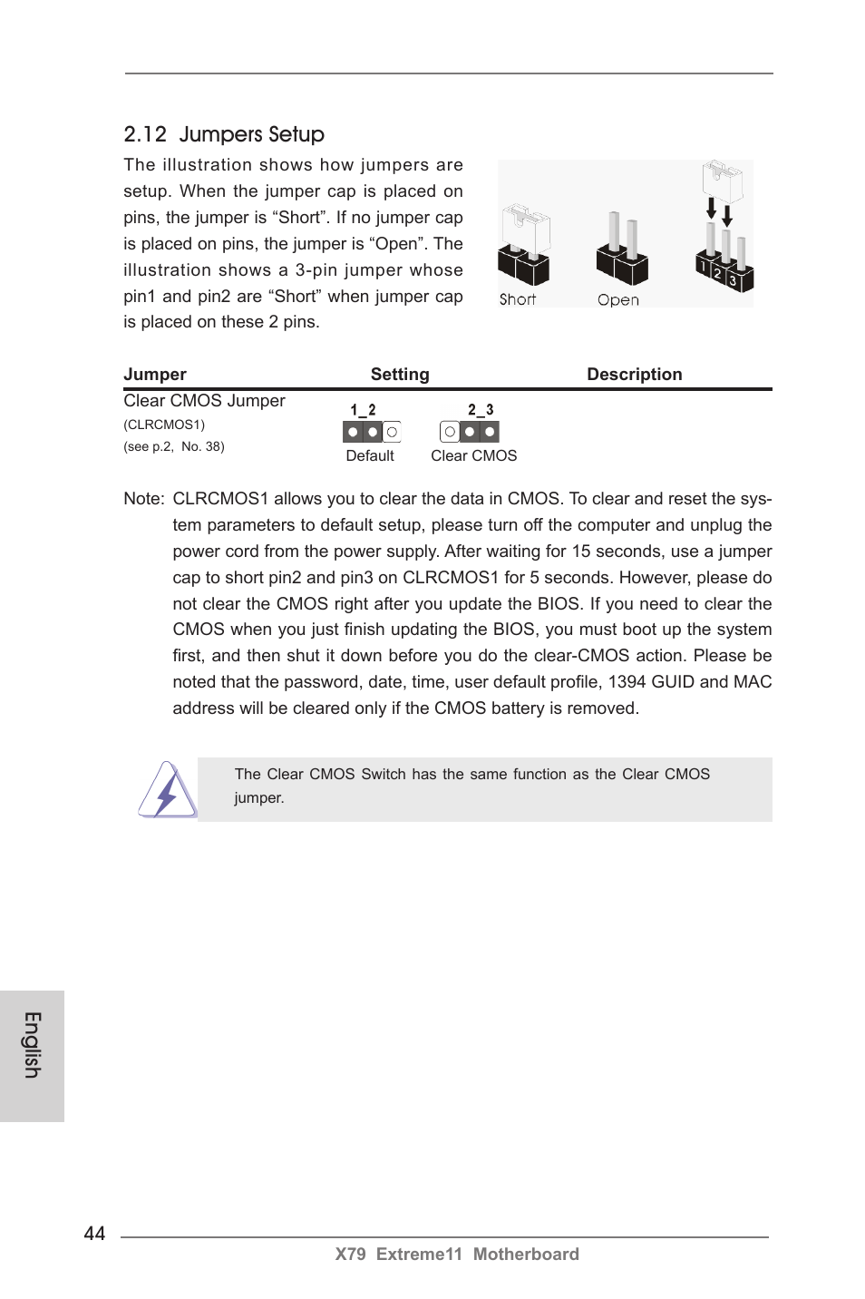 12 jumpers setup, English | ASRock X79 Extreme11 User Manual | Page 44 / 270