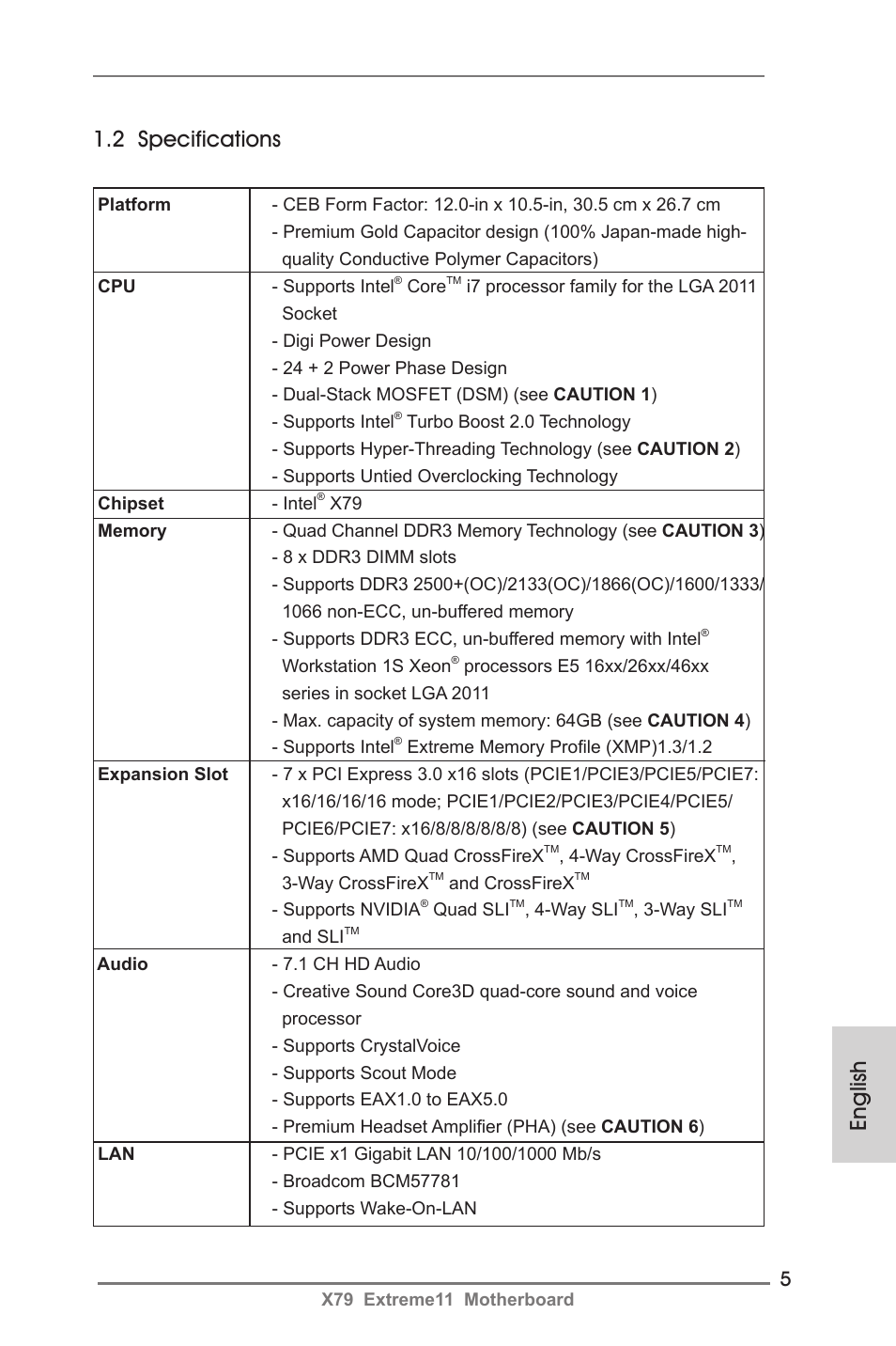 English 1.2 specifications | ASRock X79 Extreme11 User Manual | Page 5 / 270