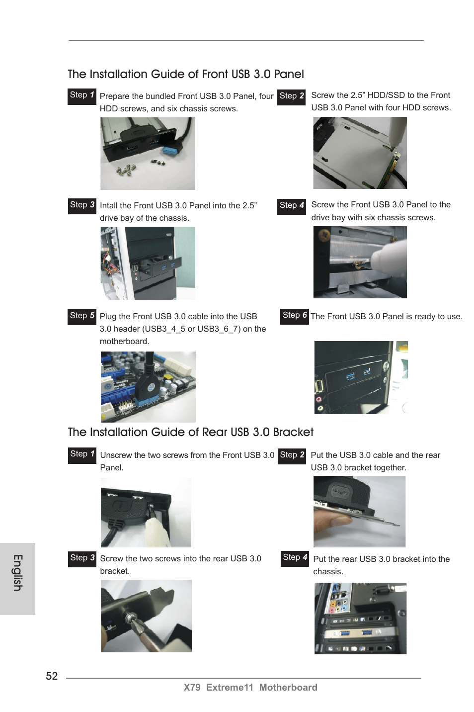 The installation guide of front usb 3.0 panel, The installation guide of rear usb 3.0 bracket, English | ASRock X79 Extreme11 User Manual | Page 52 / 270