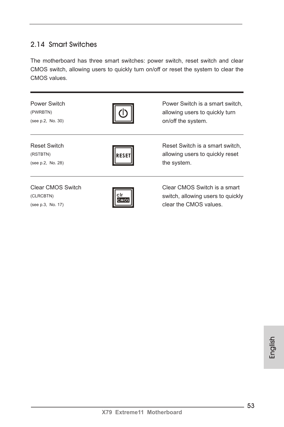 14 smart switches, English | ASRock X79 Extreme11 User Manual | Page 53 / 270