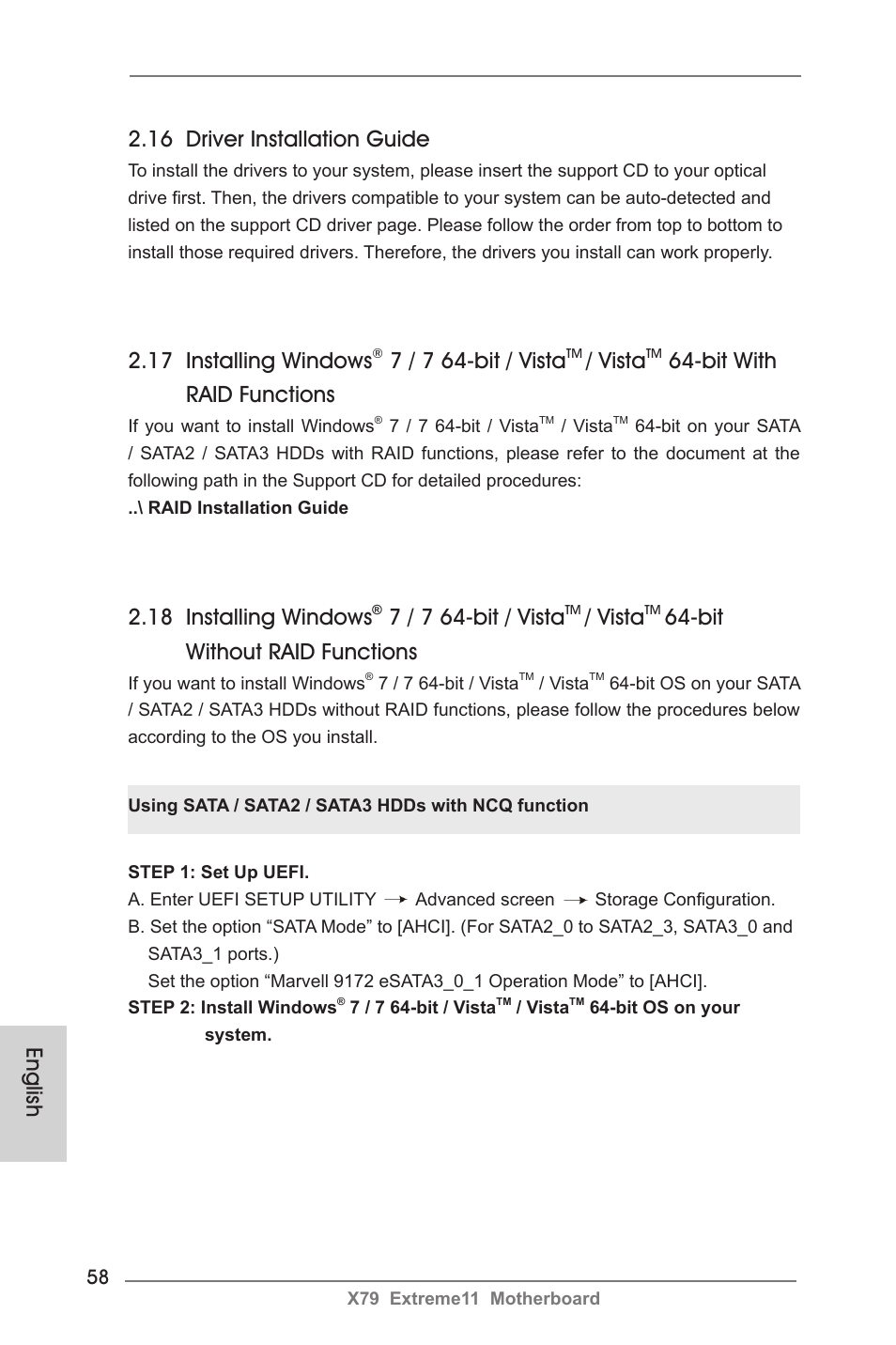 16 driver installation guide, 17 installing windows, 7 / 7 64-bit / vista | Vista, Bit with raid functions, 18 installing windows, Bit without raid functions, English | ASRock X79 Extreme11 User Manual | Page 58 / 270