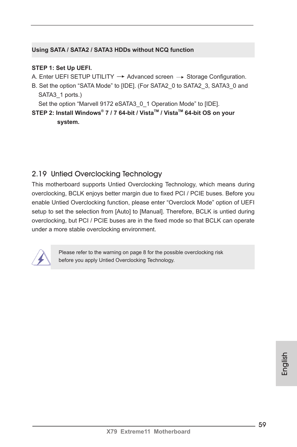 19 untied overclocking technology, English | ASRock X79 Extreme11 User Manual | Page 59 / 270