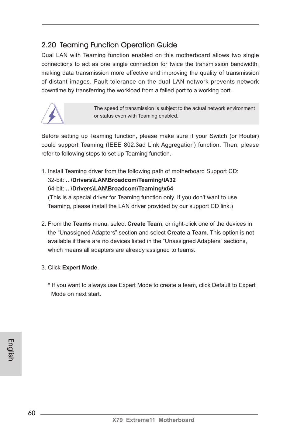 20 teaming function operation guide, English | ASRock X79 Extreme11 User Manual | Page 60 / 270