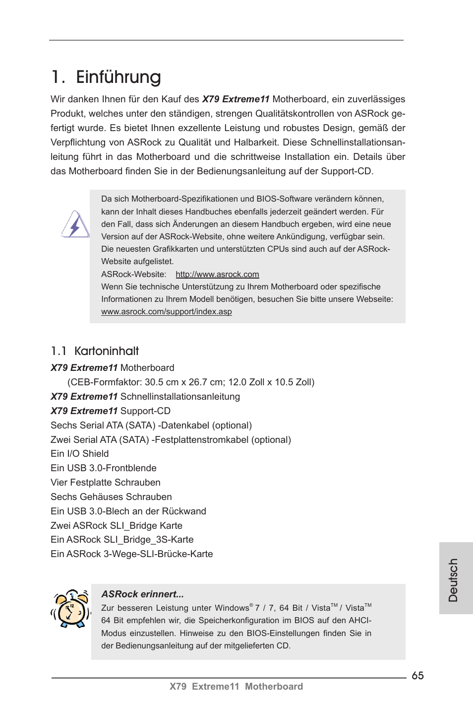 German, Einführung, 1 kartoninhalt | Deutsch | ASRock X79 Extreme11 User Manual | Page 65 / 270