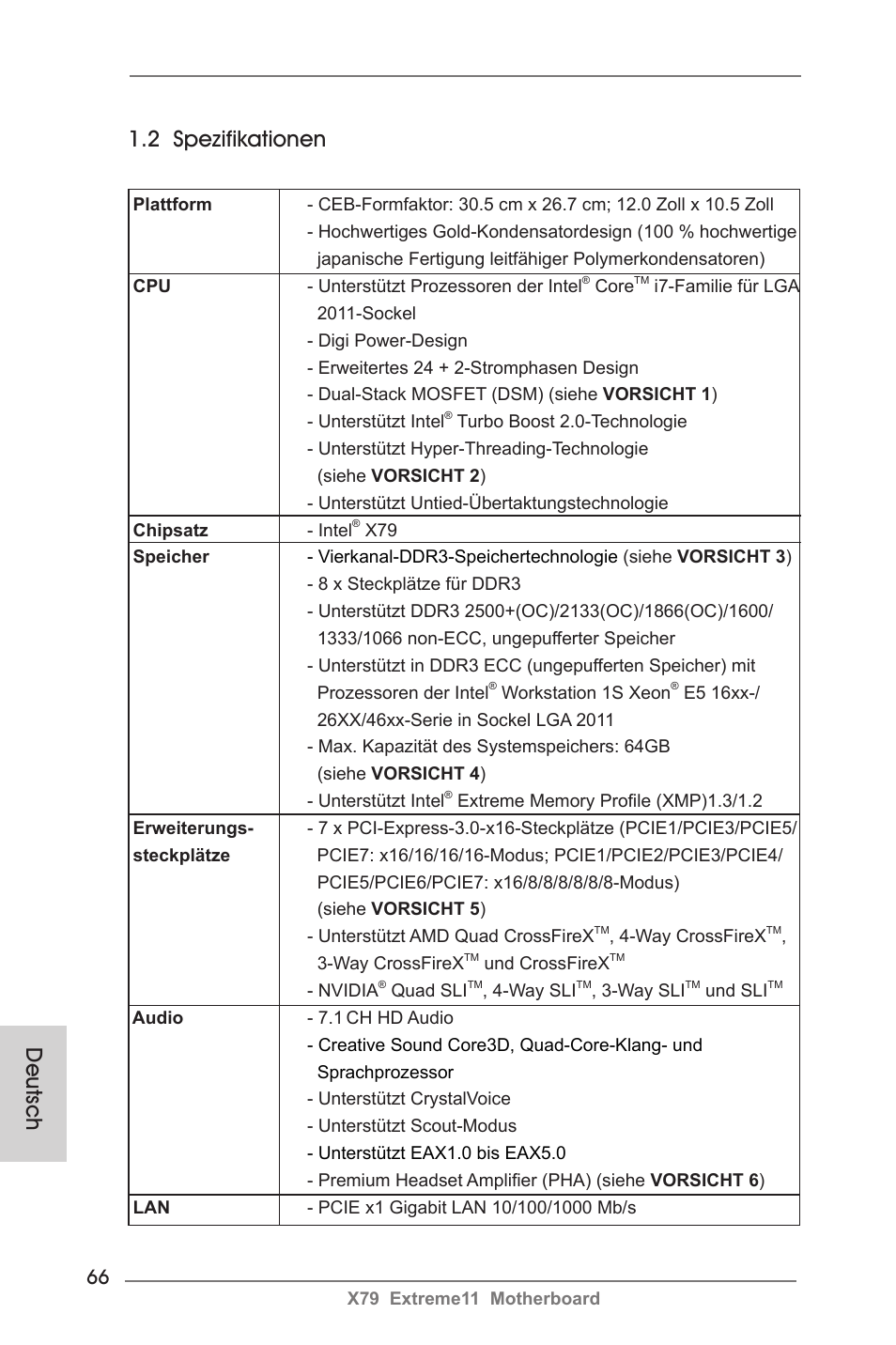 2 spezifikationen, Deutsch | ASRock X79 Extreme11 User Manual | Page 66 / 270