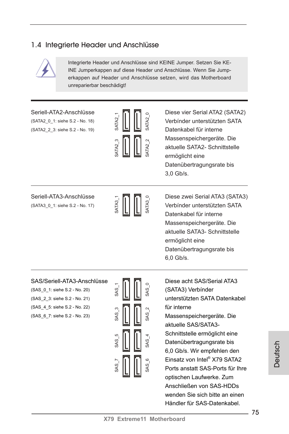 4 integrierte header und anschlüsse, Deutsch | ASRock X79 Extreme11 User Manual | Page 75 / 270