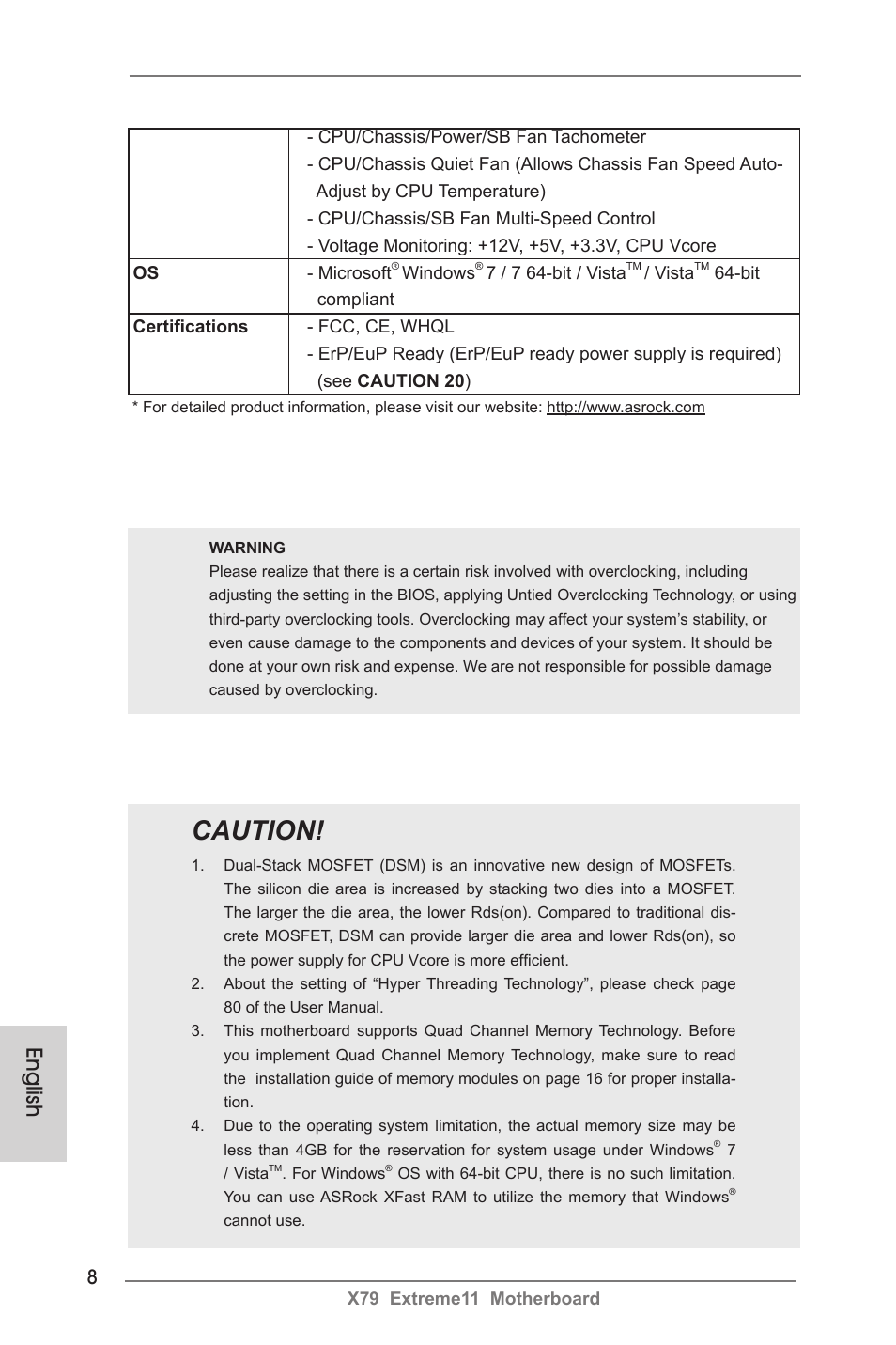 Caution, English | ASRock X79 Extreme11 User Manual | Page 8 / 270