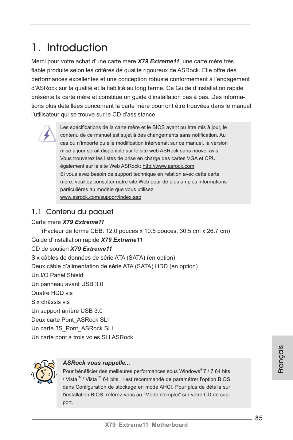 French, Introduction, 1 contenu du paquet | Français | ASRock X79 Extreme11 User Manual | Page 85 / 270