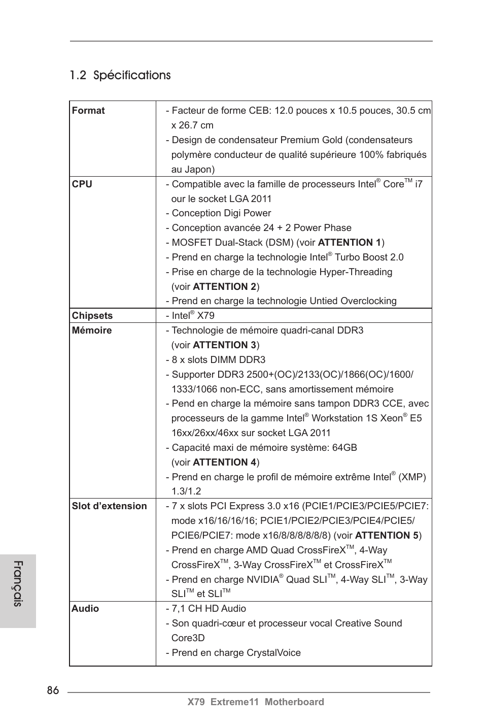 2 spécifications, Français | ASRock X79 Extreme11 User Manual | Page 86 / 270