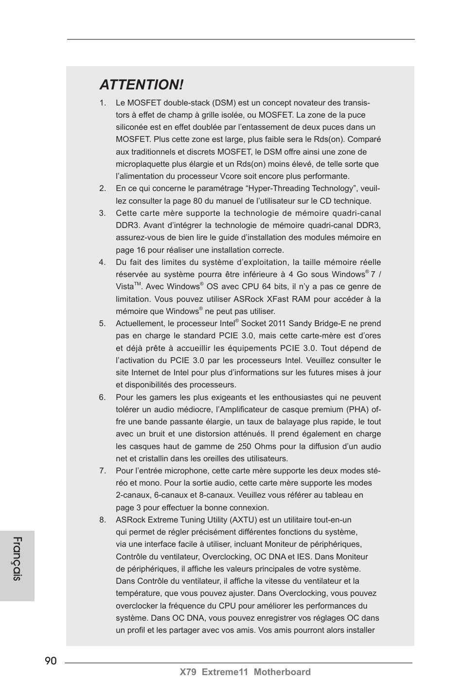 Attention, Français | ASRock X79 Extreme11 User Manual | Page 90 / 270