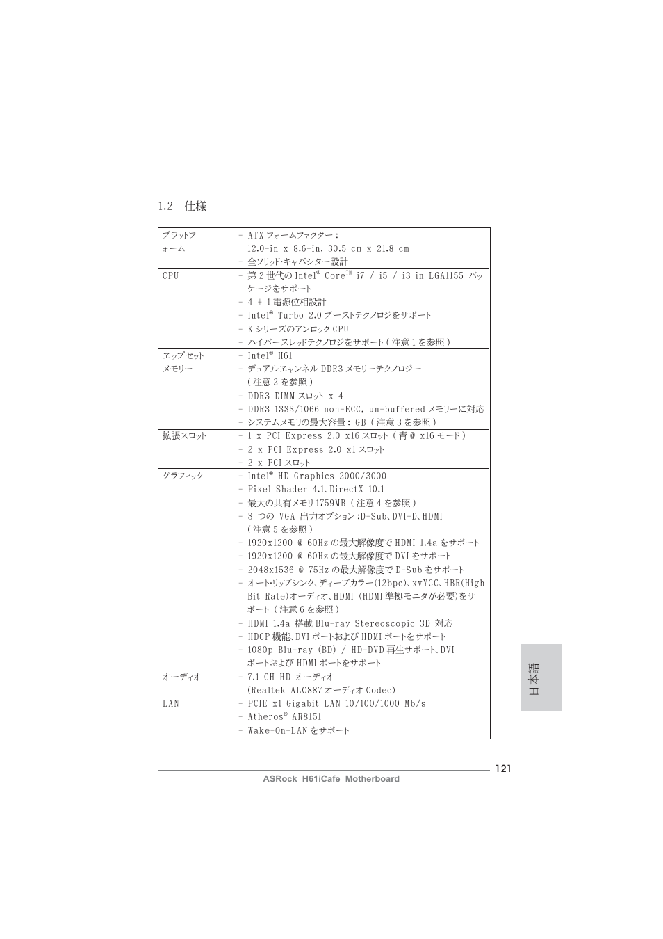 日本語 1.2 仕様 | ASRock H61iCafe User Manual | Page 121 / 158