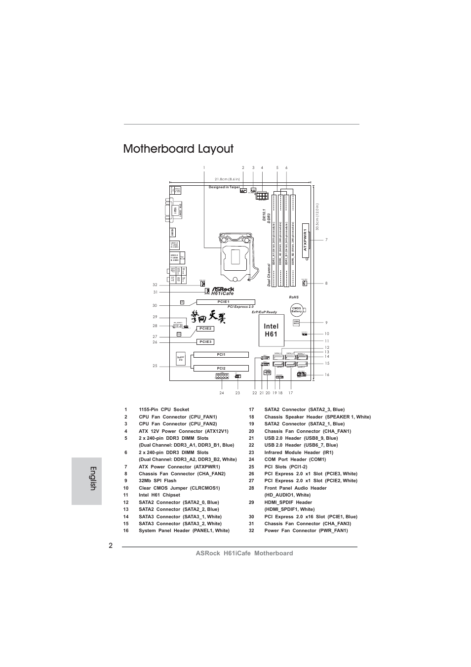Motherboard layout, English, Intel h61 | Usb6_7, Usb8_9, Hdled reset pled pwrbtn, Clrcmos1, Asrock h61icafe motherboard | ASRock H61iCafe User Manual | Page 2 / 158