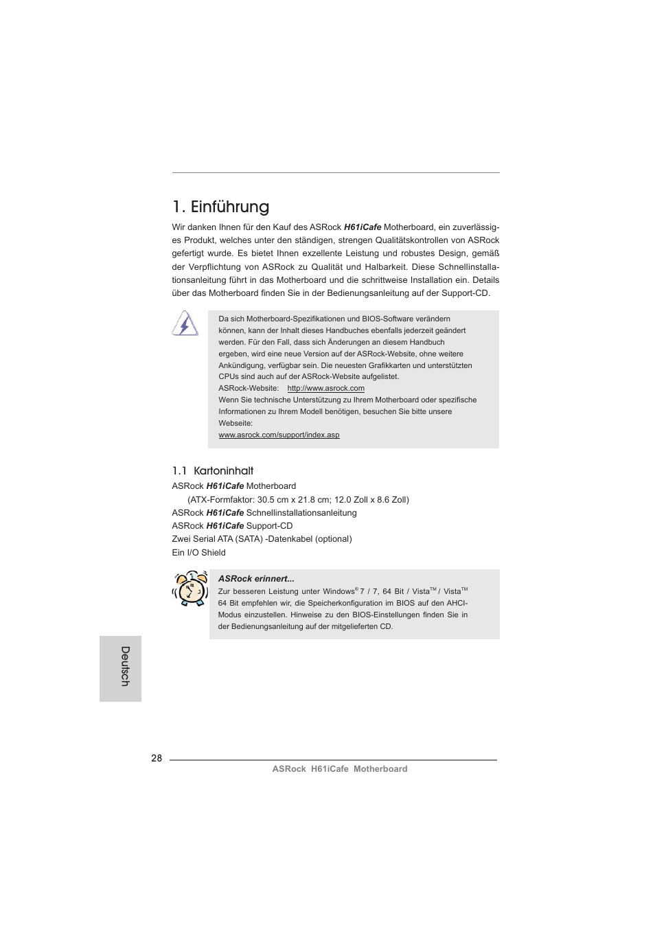 German, Einführung, 1 kartoninhalt | Deutsch | ASRock H61iCafe User Manual | Page 28 / 158