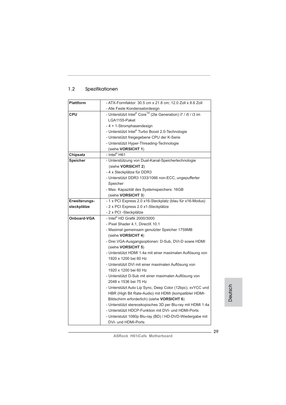 Deutsch 1.2 spezifikationen | ASRock H61iCafe User Manual | Page 29 / 158