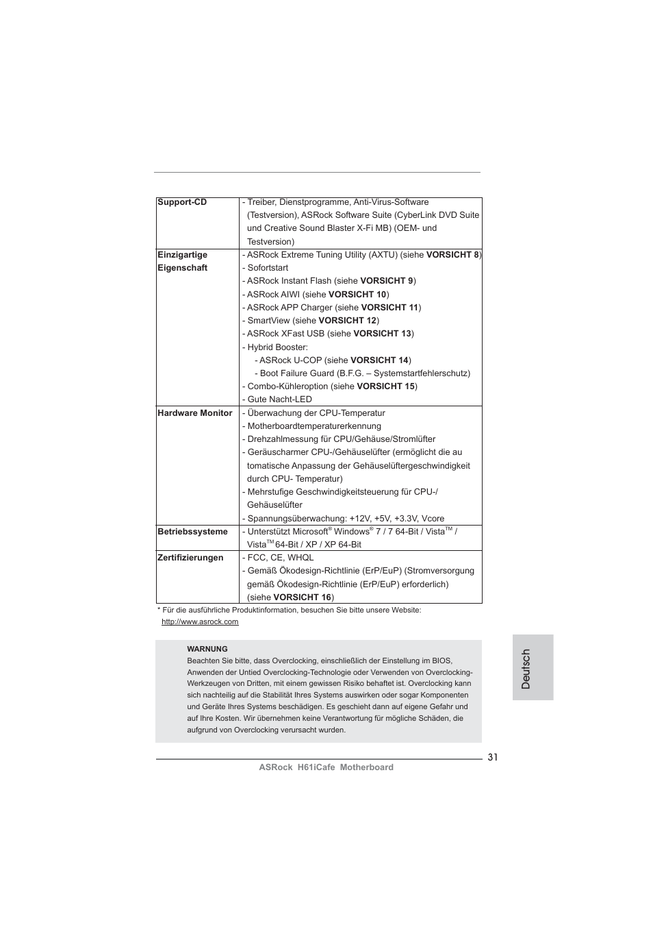 Deutsch | ASRock H61iCafe User Manual | Page 31 / 158