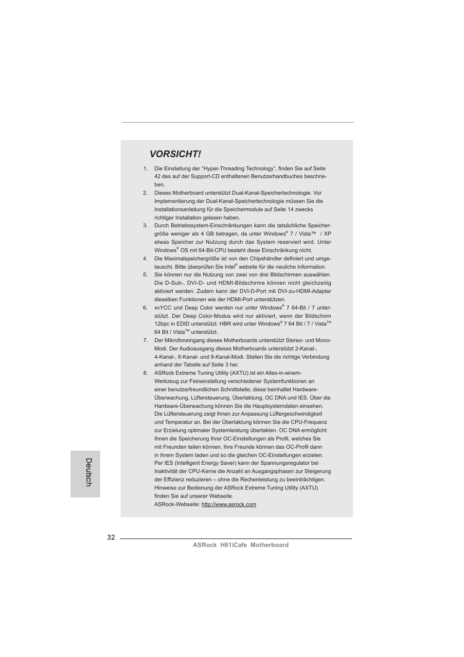 Vorsicht, Deutsch | ASRock H61iCafe User Manual | Page 32 / 158