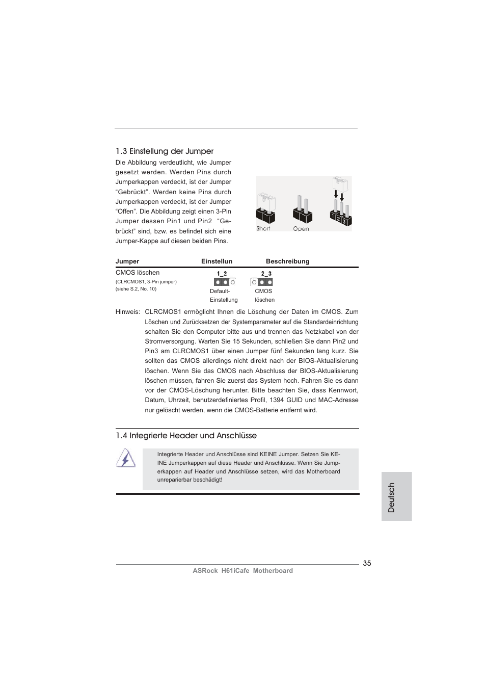 Deutsch 1.3 einstellung der jumper, 4 integrierte header und anschlüsse | ASRock H61iCafe User Manual | Page 35 / 158