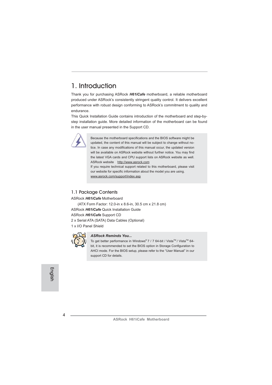 Introduction, 1 package contents, English | ASRock H61iCafe User Manual | Page 4 / 158