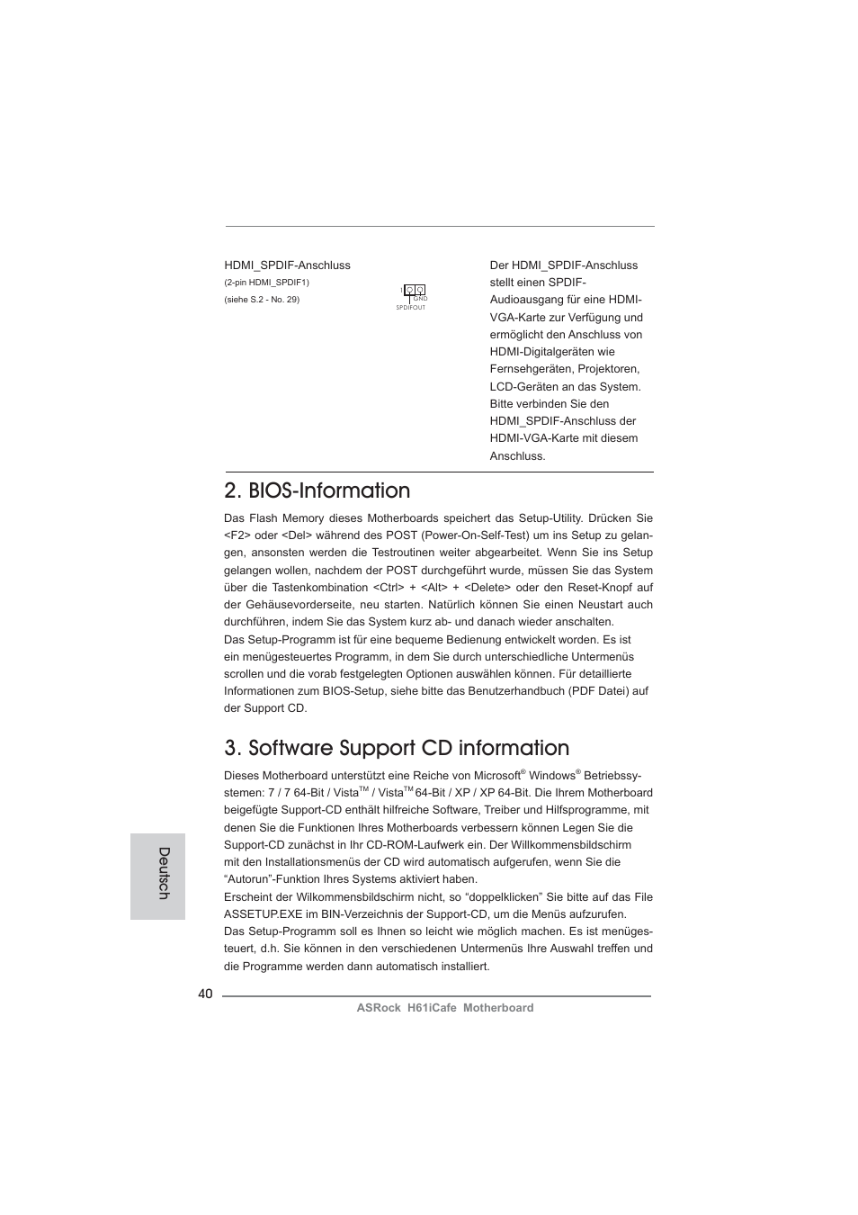 Bios-information, Software support cd information, Deutsch | ASRock H61iCafe User Manual | Page 40 / 158