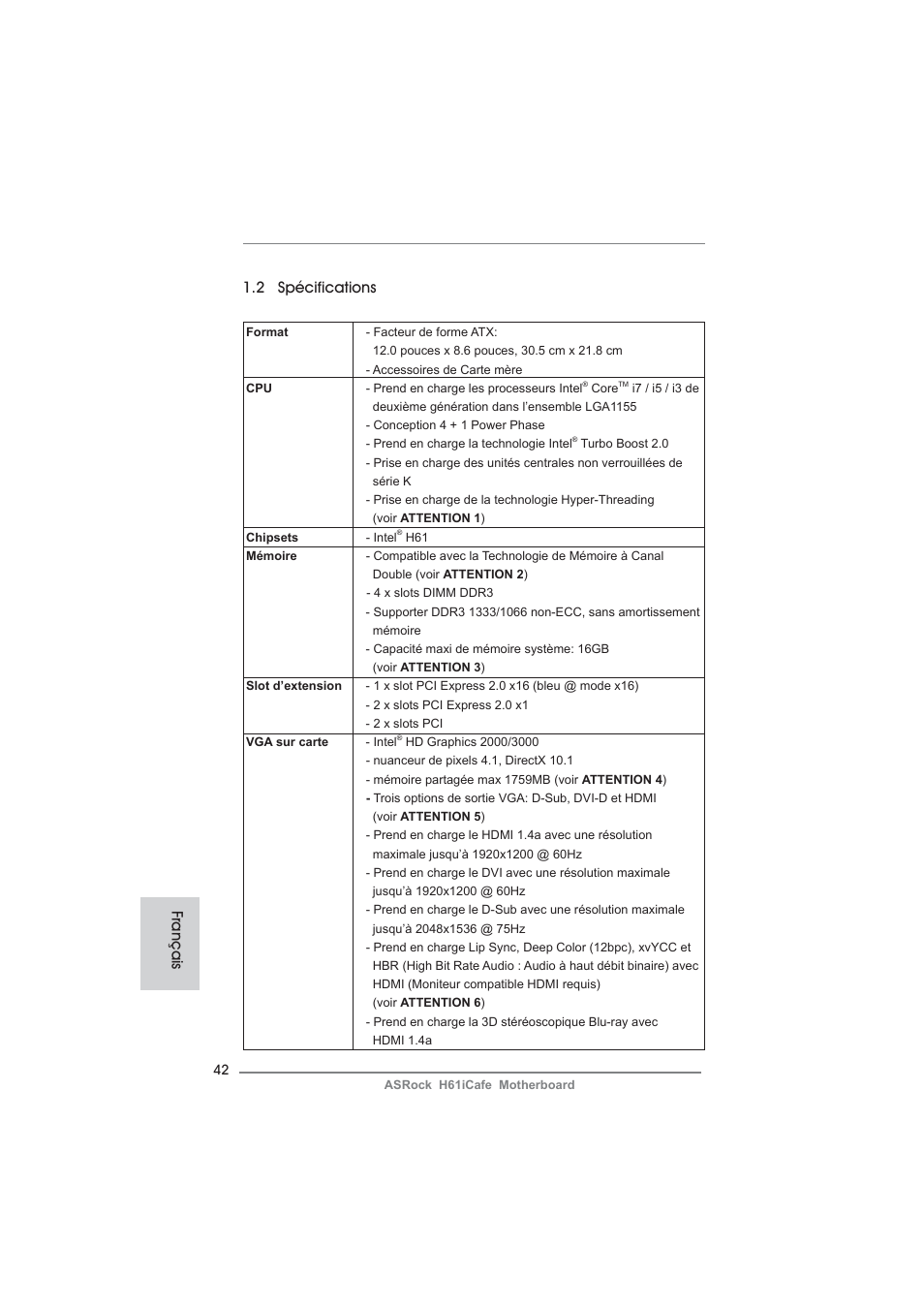 2 spécifications, Français | ASRock H61iCafe User Manual | Page 42 / 158