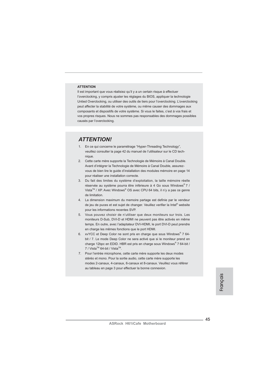 Attention, Français | ASRock H61iCafe User Manual | Page 45 / 158