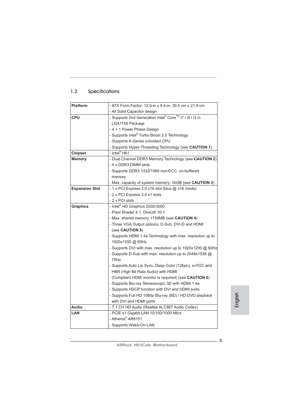 English 1.2 specifications | ASRock H61iCafe User Manual | Page 5 / 158