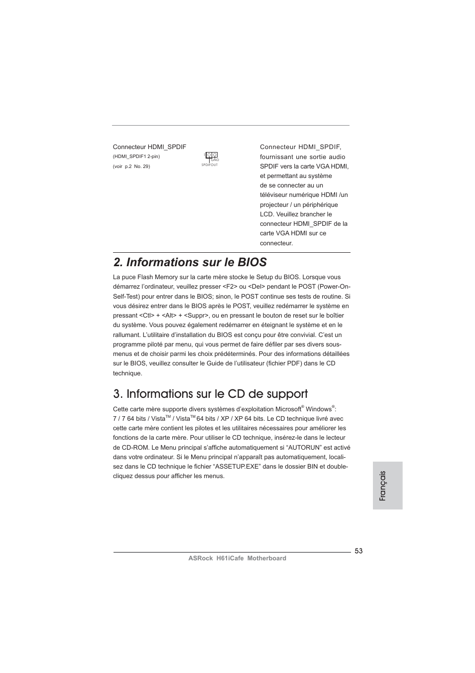 Informations sur le bios, Informations sur le cd de support, Français | ASRock H61iCafe User Manual | Page 53 / 158